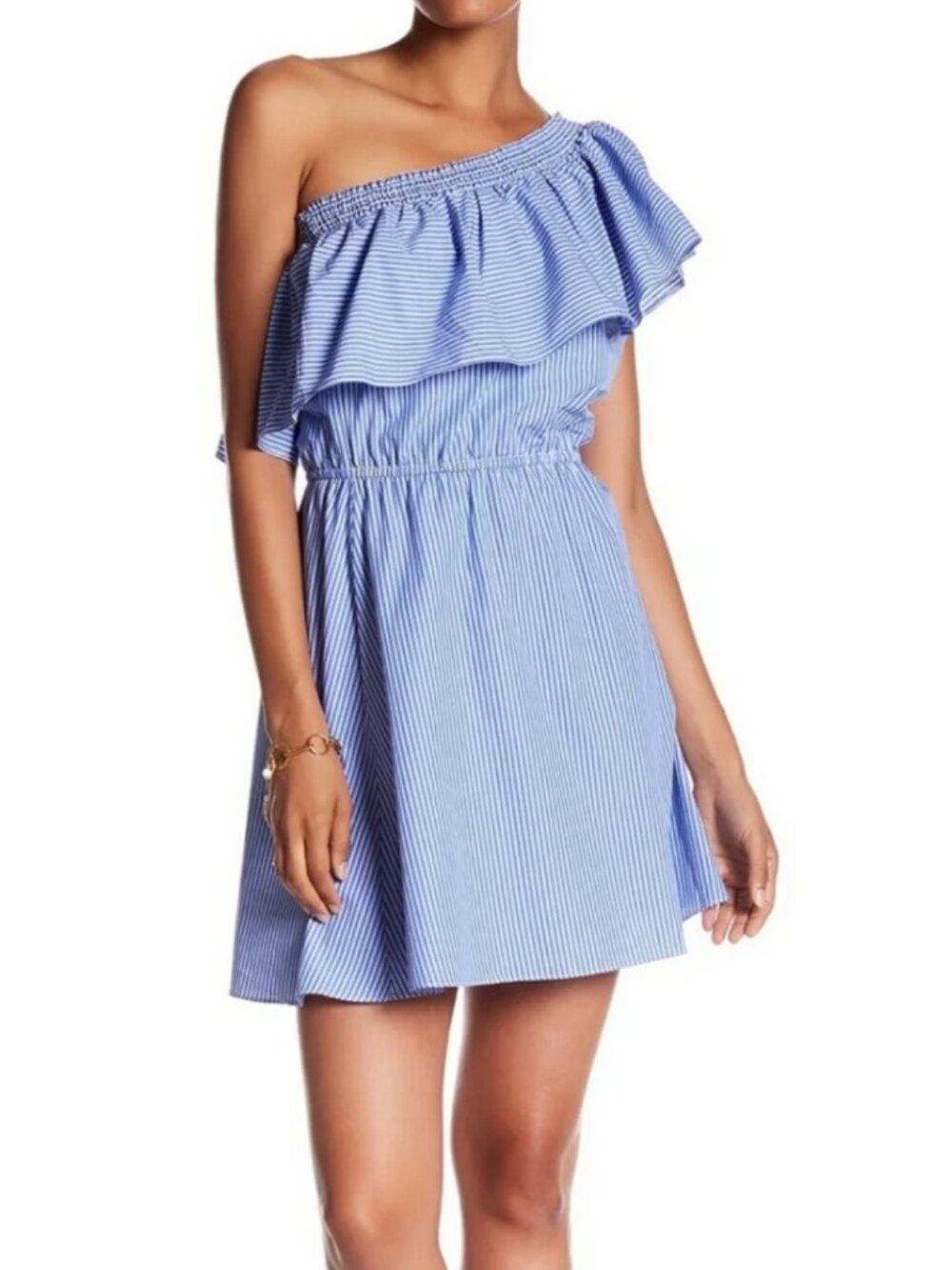 NWT Parker Blue & White Stripe One Shoulder Ruffle Dress S